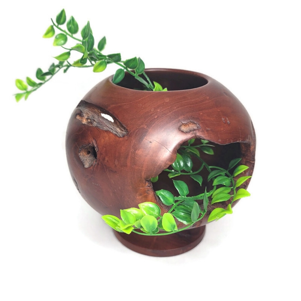 Burl bowl hollow vessel on pedestal with holes